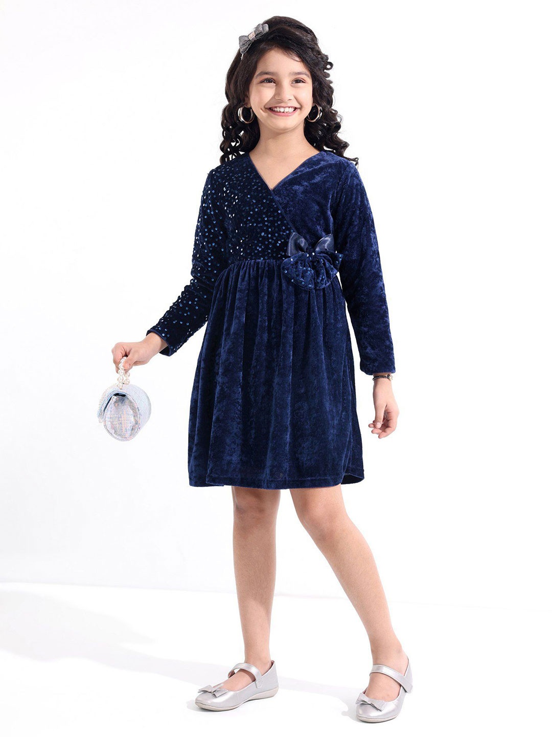 

Hola Bonita Girls Velvet Fit & Flare Dress, Navy blue