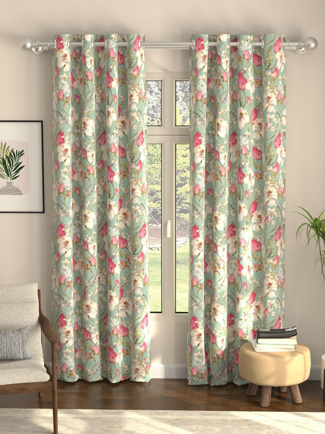 

URBAN SPACE Green & Pink 2 Pieces Floral Printed Black Out Door Curtain