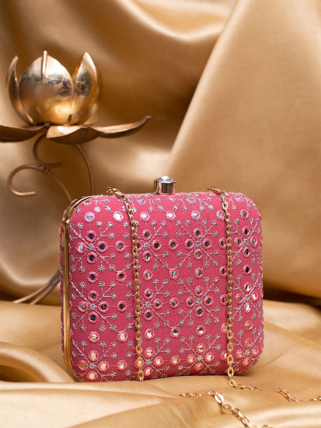 

ARTKLIM Embroidered Box Clutch with a Sling Chain, Pink