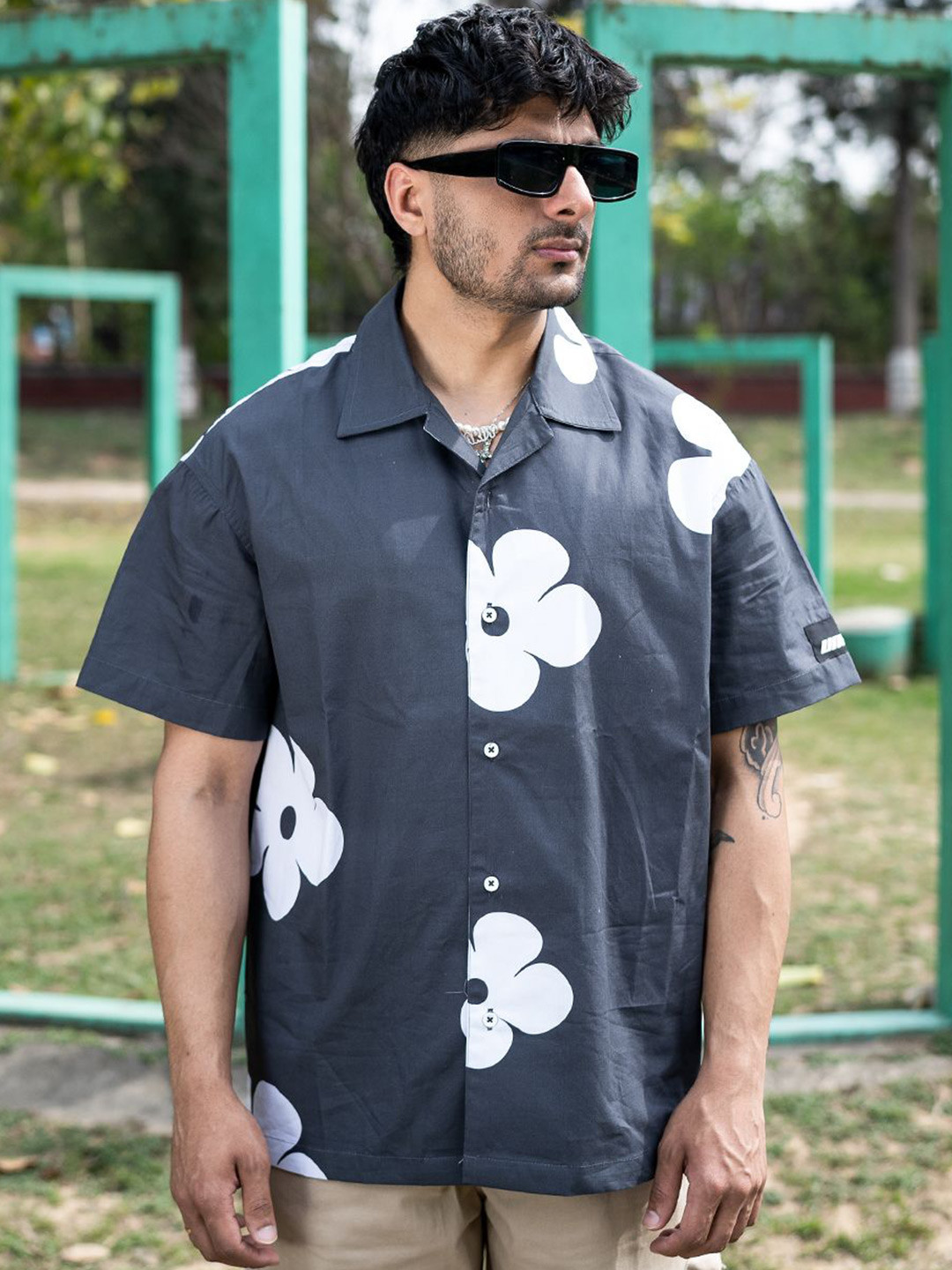 

HERE&NOW Men Relaxed Fit Cuban Collar Floral Printed Cotton Casual Shirt, Black