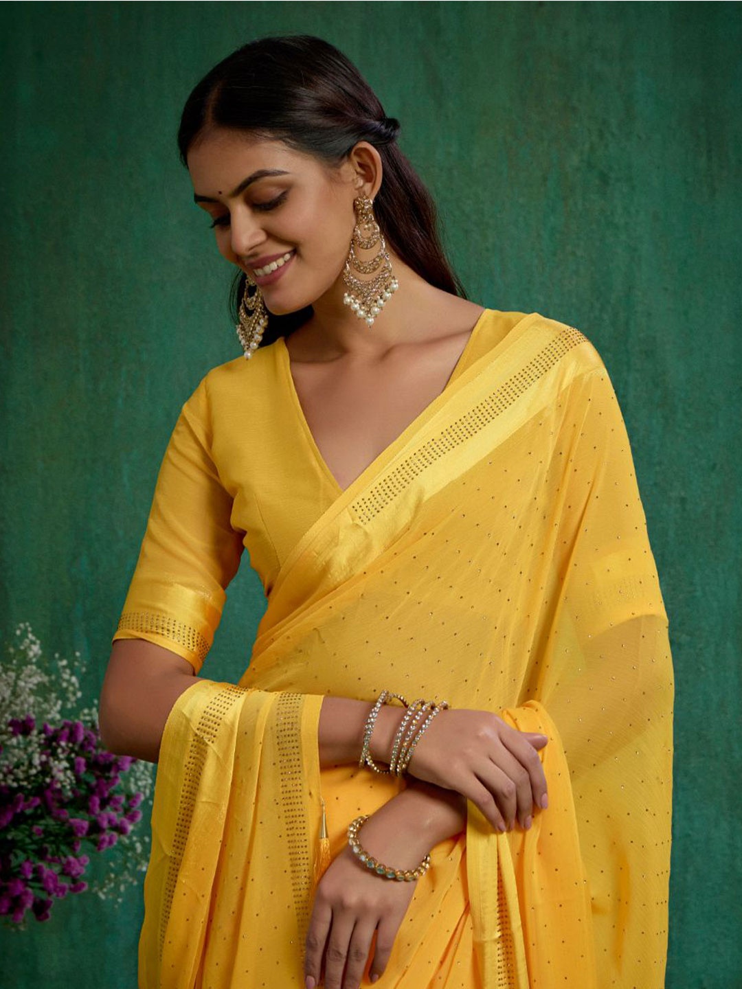 

Sangria Bee Yellow Chiffon Swarovski Ready to Wear Saree