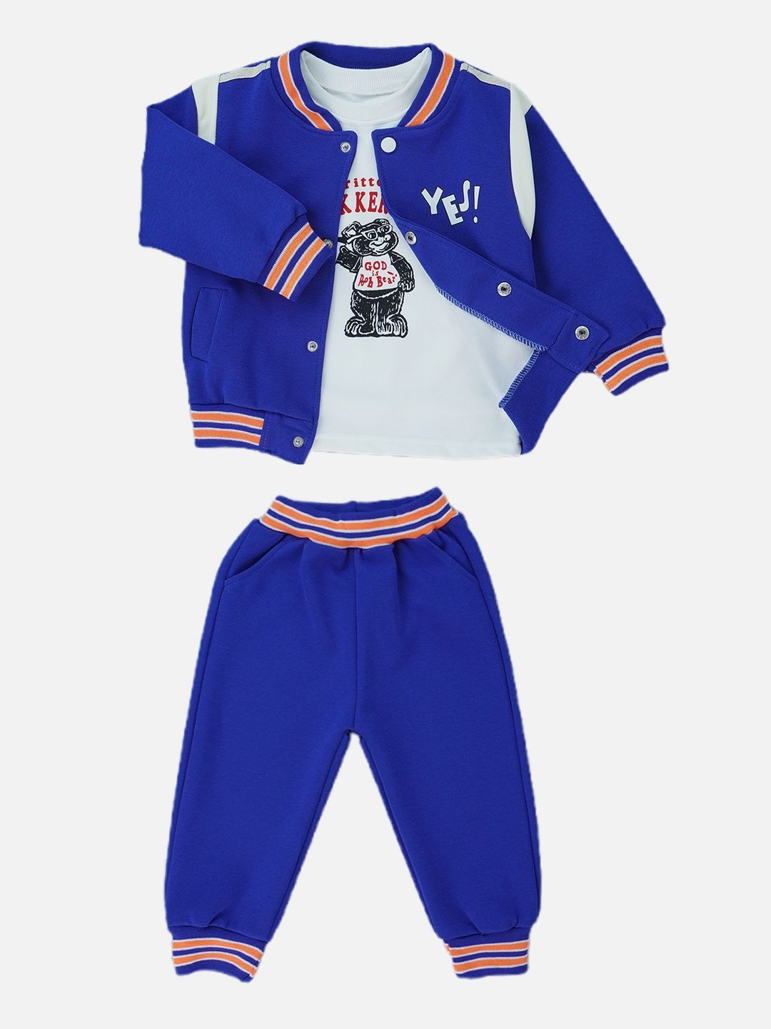 

Little Surprise Box LLP Kids 3Pcs Varsity Jacket With T-Shirt & Joggers Set, Blue