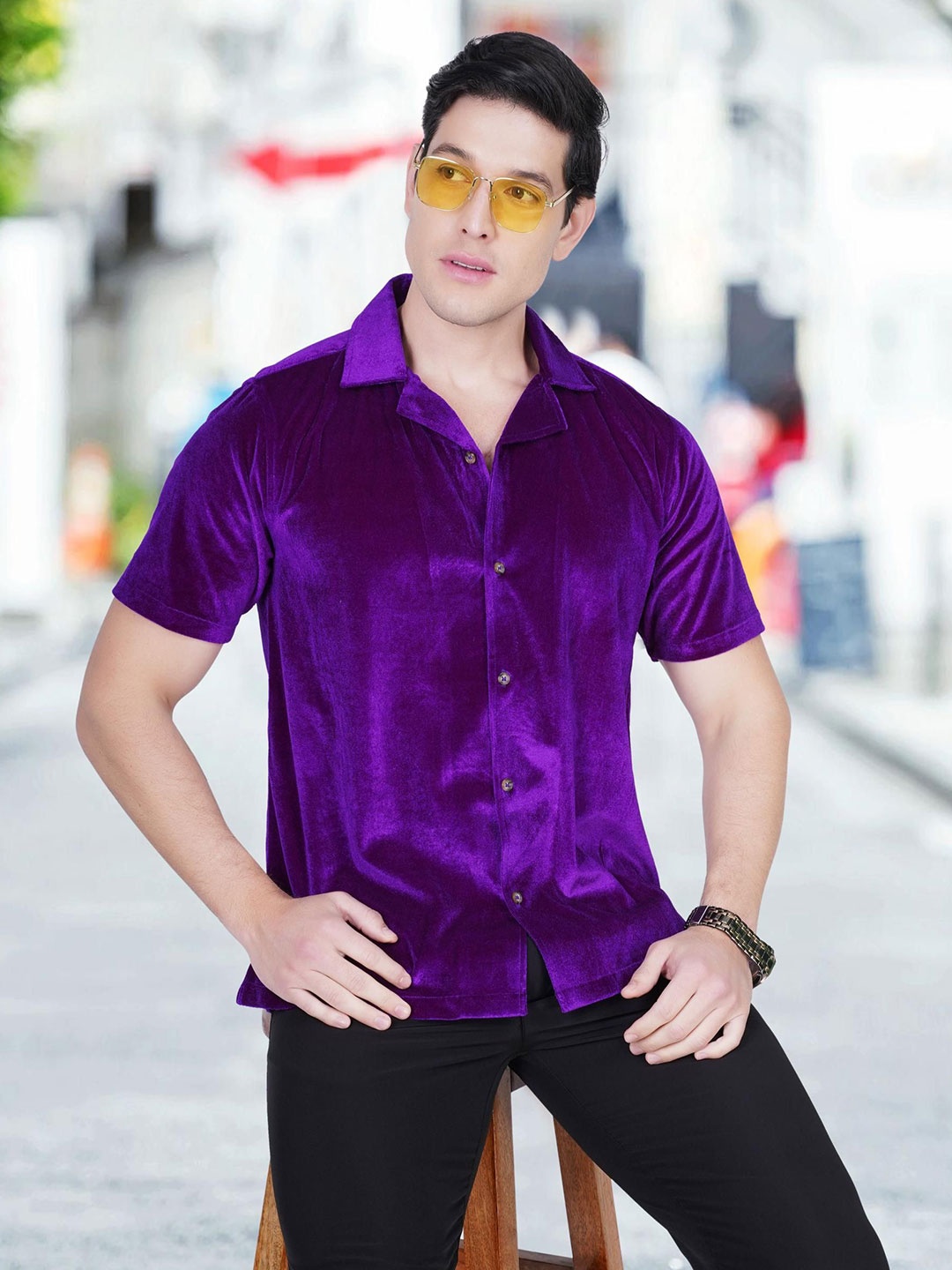 

BAESD Men Relaxed Slim Fit Cuban Collar Solid Silk Casual Shirt, Purple