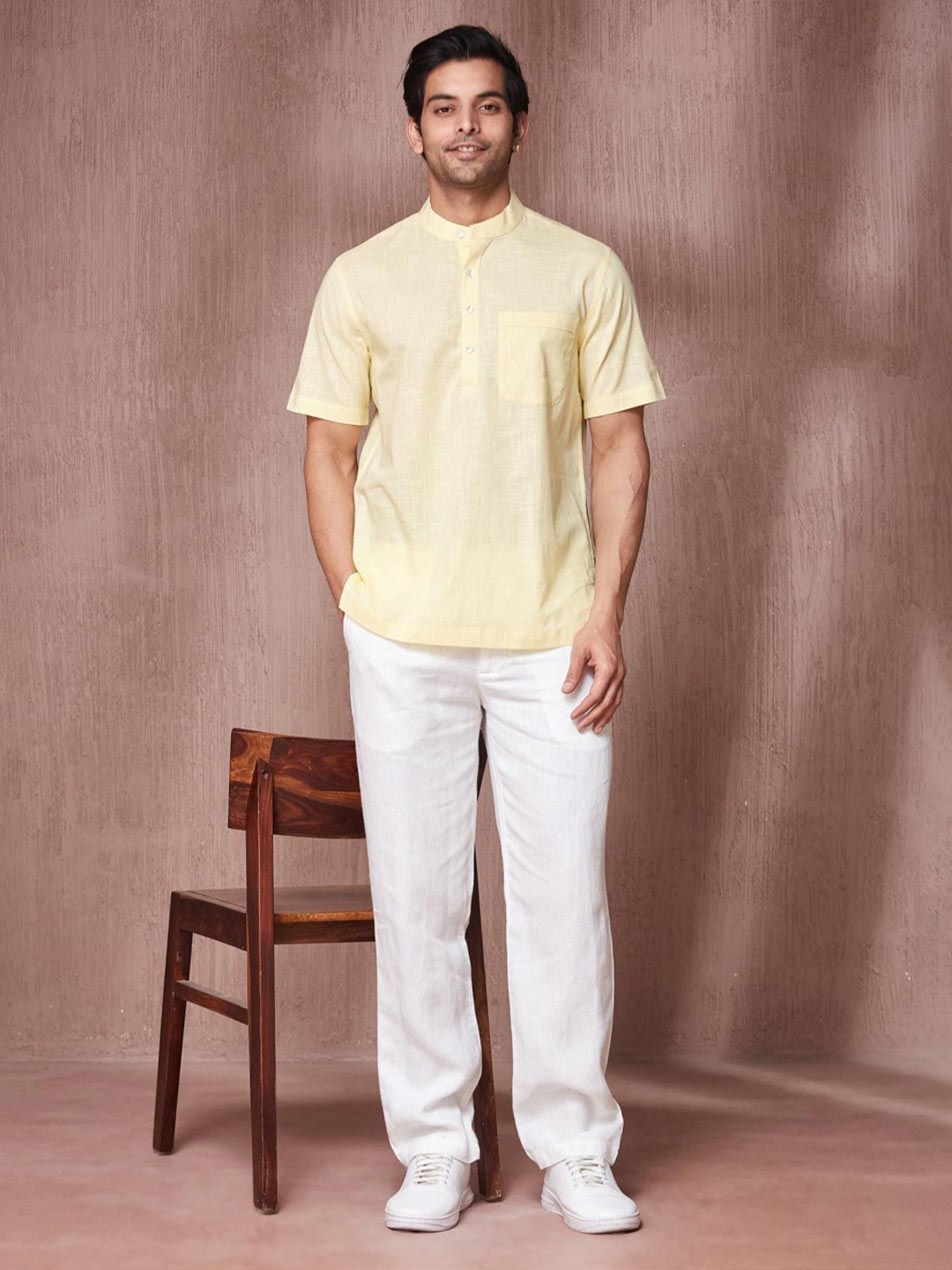 

Fabindia Men Band Collar Solid Cotton Casual Shirt, Yellow