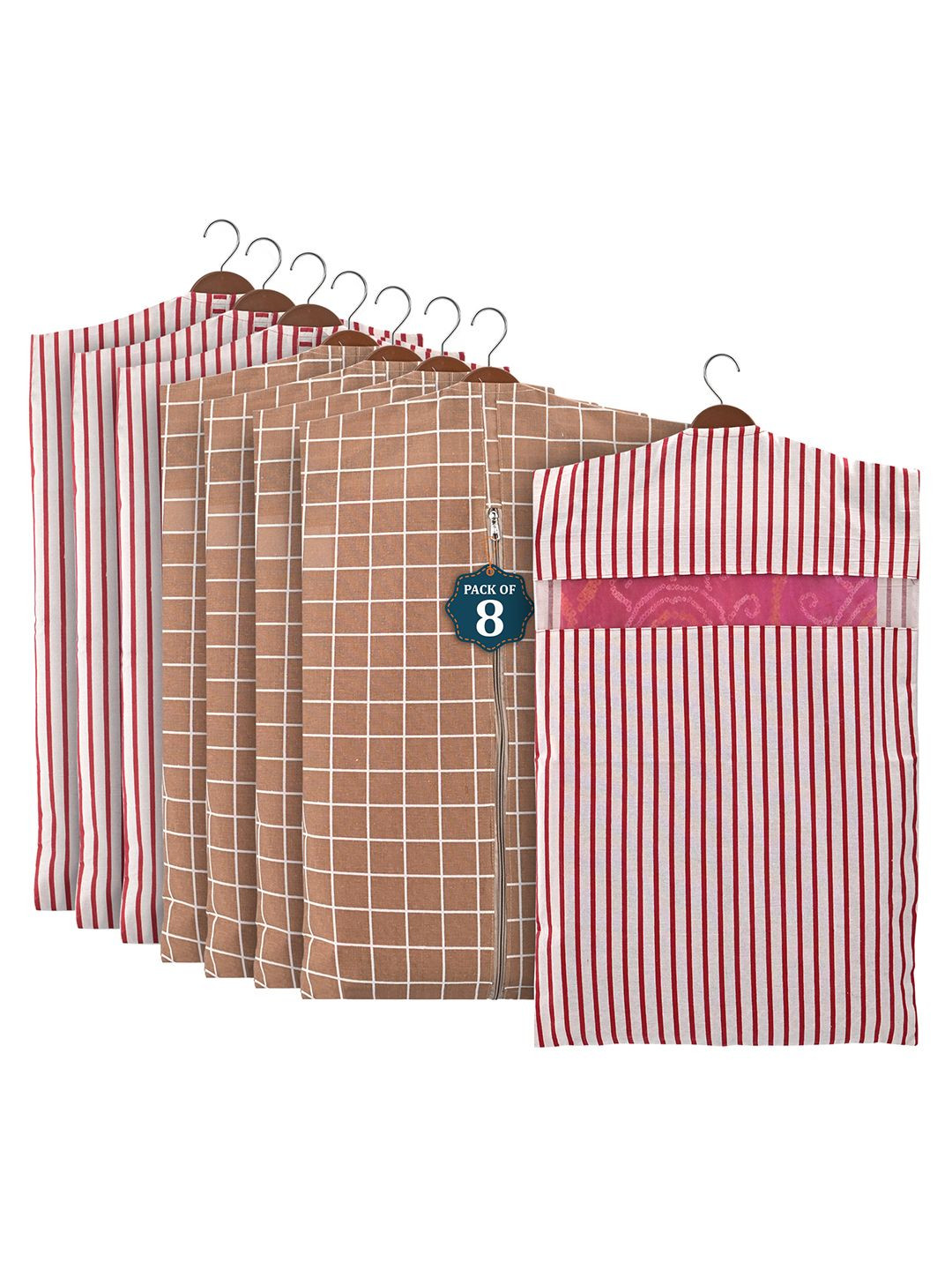 

Kuber Industries Brown 8 Pieces Cotton Regular Hanging Saree Cover Multiutility Organisers