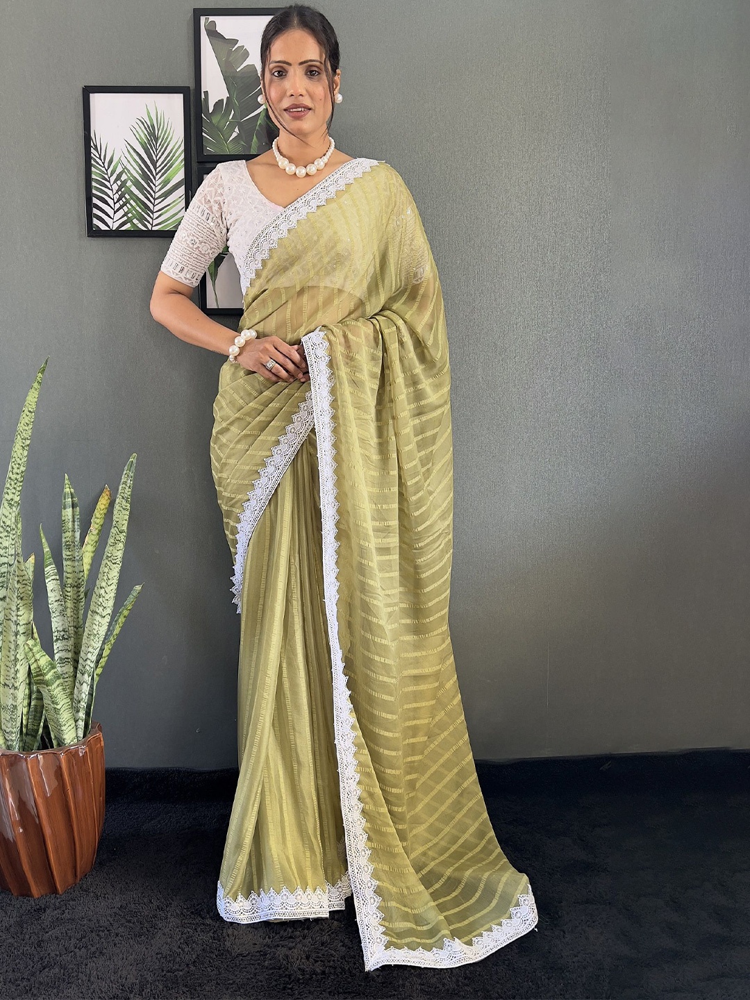

APNISHA Striped Pure Chiffon Ready to Wear Saree, Lime green
