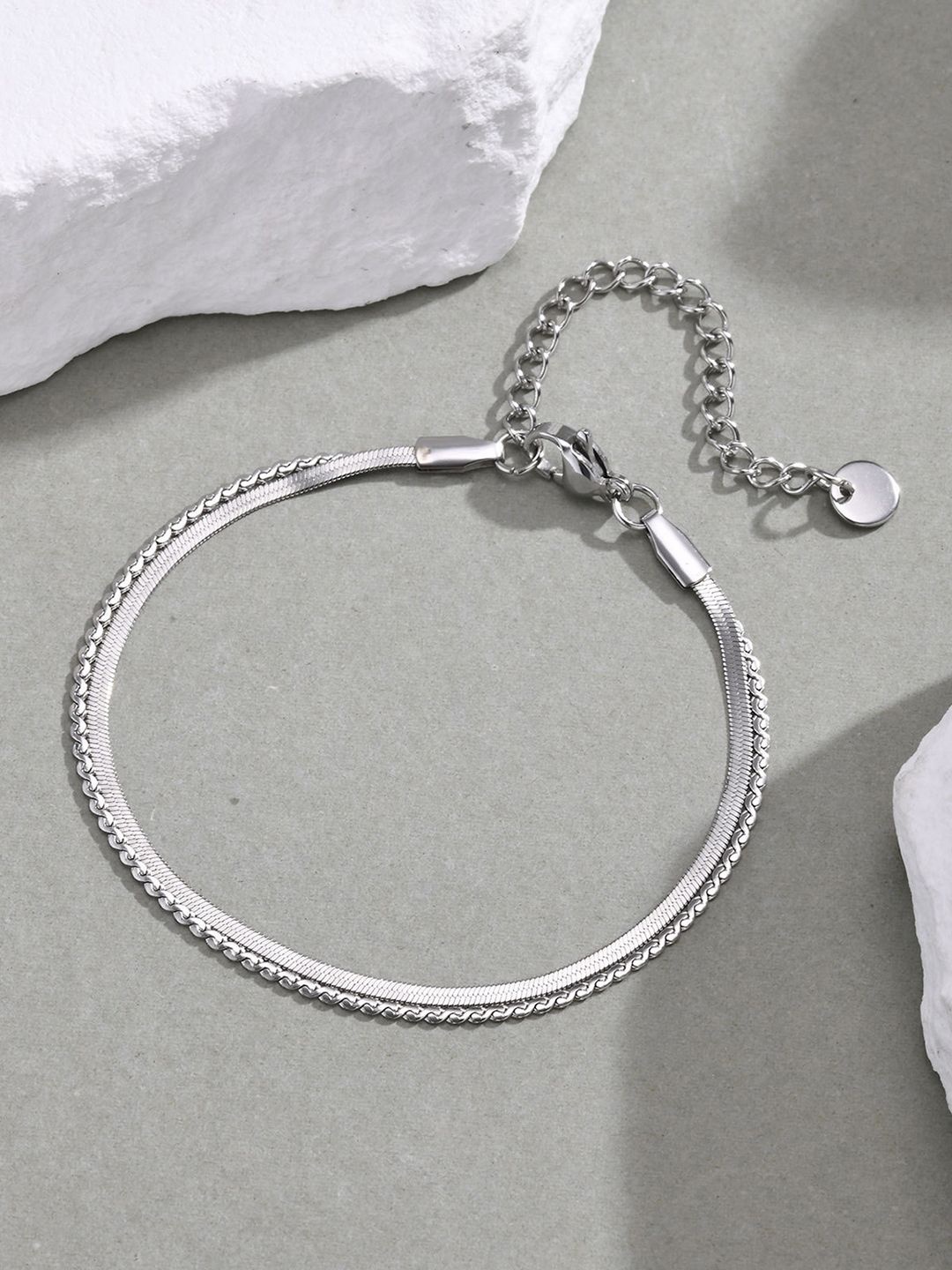 

Peora Men Silver-Plated Stainless Steel Herringbone Two Layered Chain
