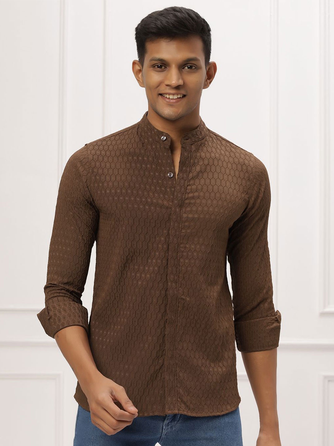 

N AND J Men Slim Fit Band Collar Geometric Printed Casual Shirt, Coffee brown