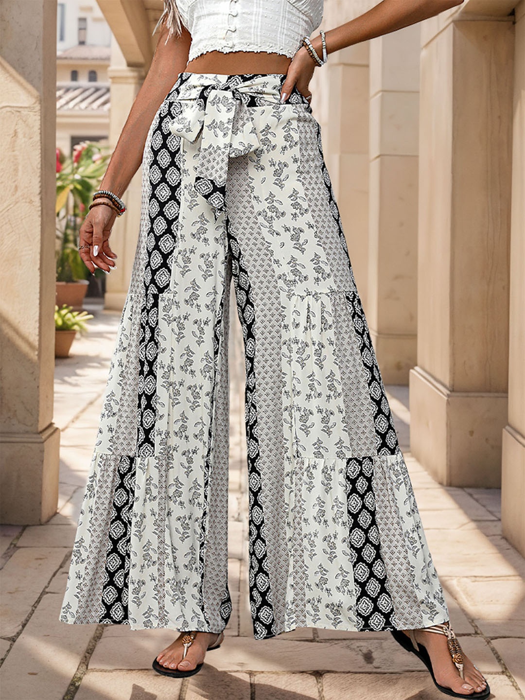 

DressBerry Women Floral Printed Flared Trousers, White