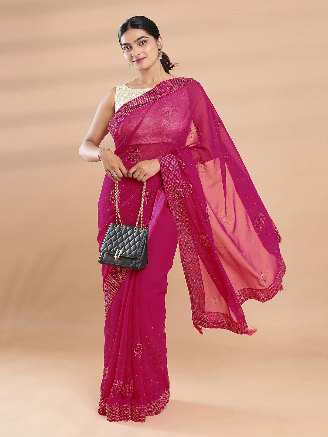 

Kalyan Silks Embellished Beads and Stones Poly Georgette Saree, Pink