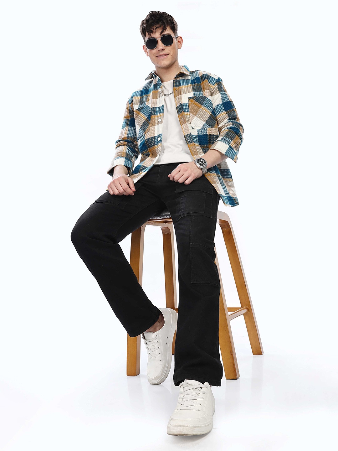

BUMCHIQ Men Comfort Relaxed Fit Spread Collar Checked Cotton Casual Shirt, Blue