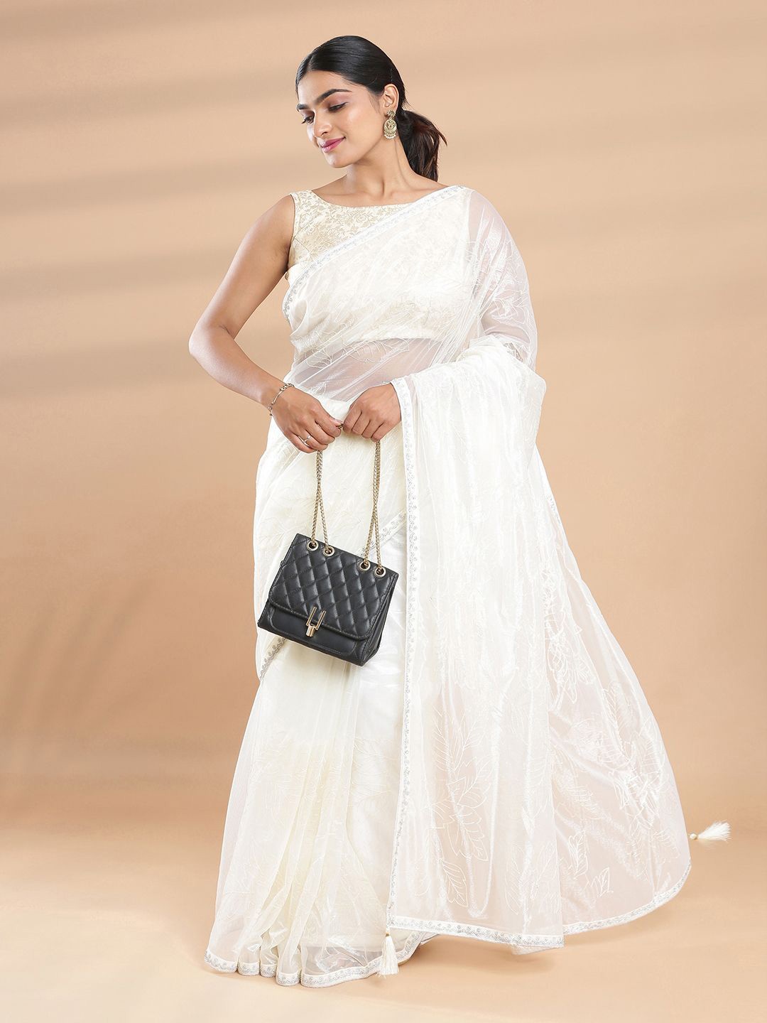 

Kalyan Silks Floral Embroidered Net Saree, Off white