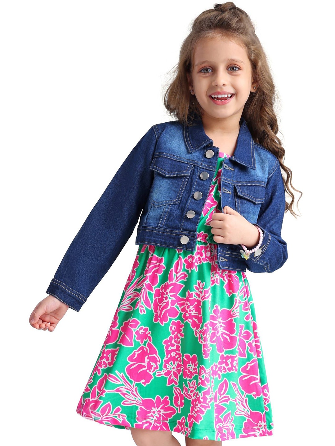 

Hola Bonita Floral Print Denim Fit & Flare Dress, Green