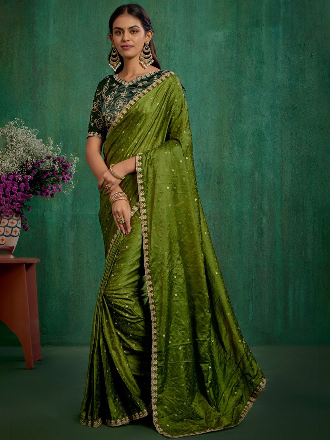 

Sangria Olive Green Satin Jacquard Embroidery Ready to Wear Saree