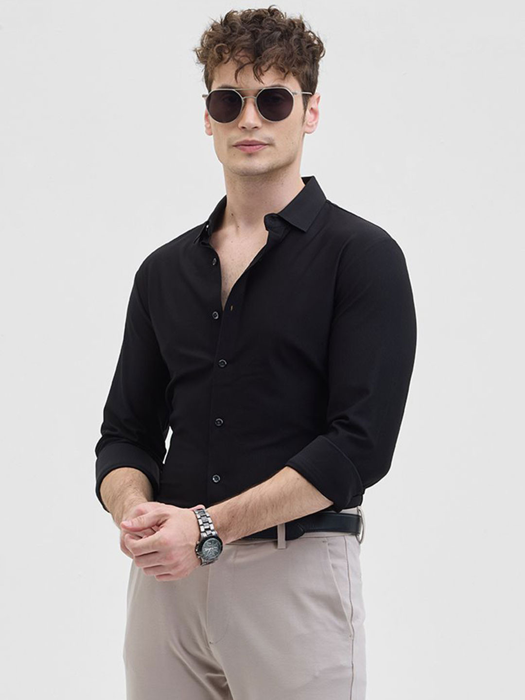

Snitch Men Classic Slim Fit Spread Collar Solid Casual Shirt, Black