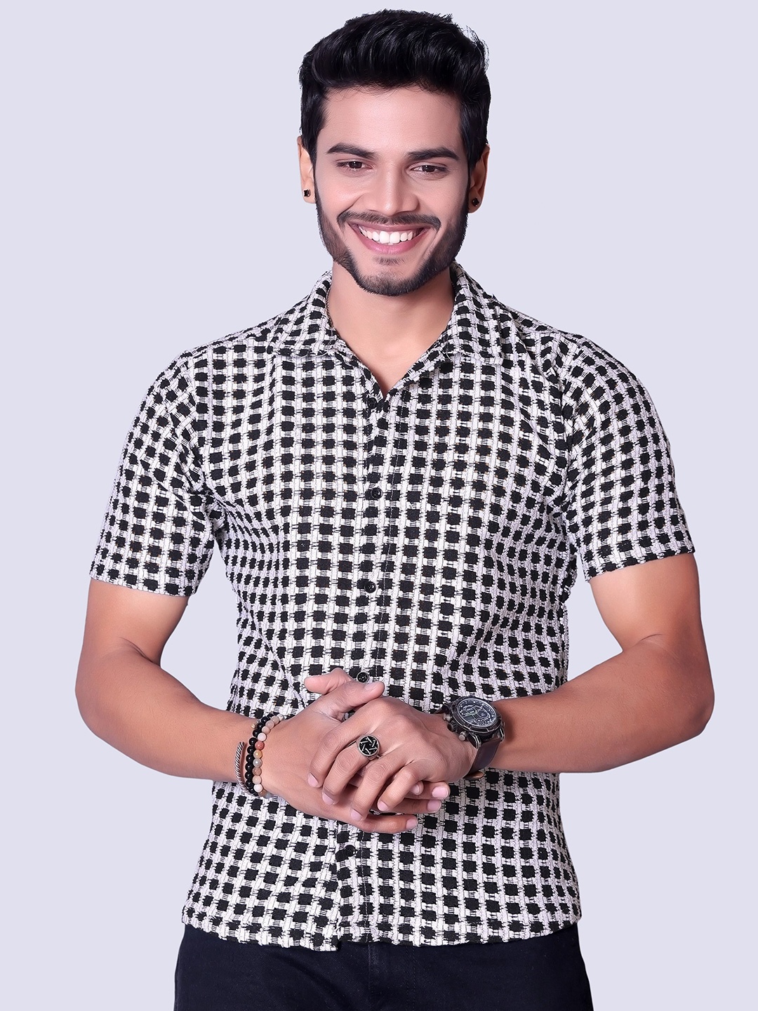 

BHALVAV EXPORT Men Standard Slim Fit Spread Collar Geometric Printed Cotton Party Shirt, White