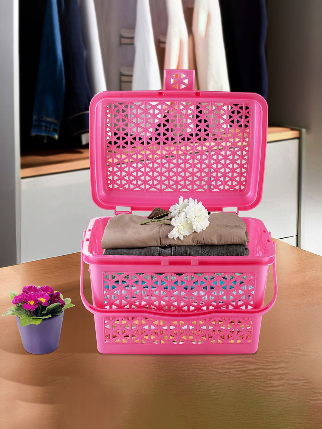 

Kuber Industries Pink Checked Multipurpose Tote Basket with Lid & Handle