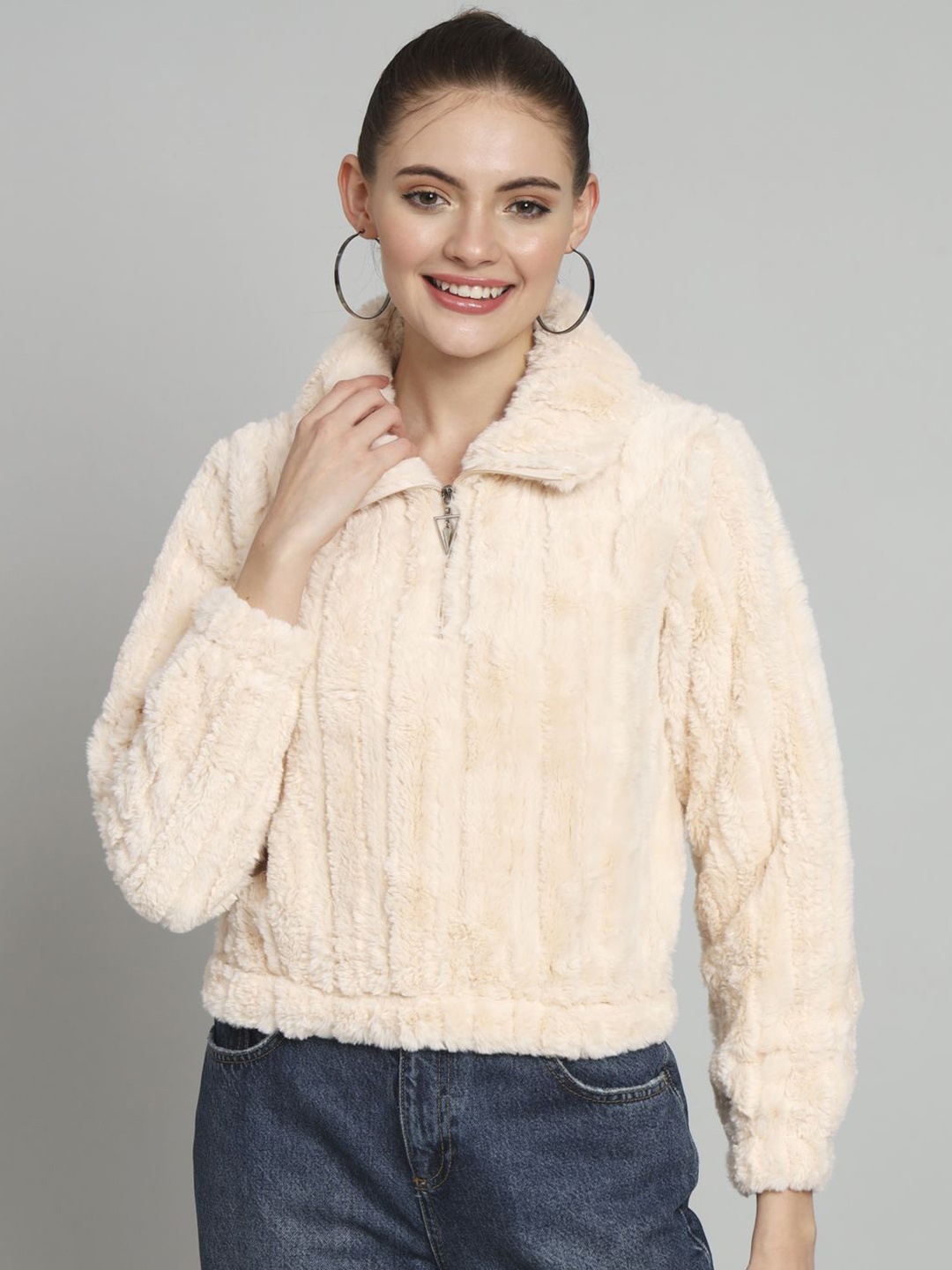 

Chemistry Women Lapel Collar Woollen Crop Pullover, Peach