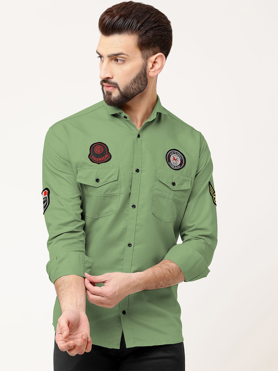 

WOXEN Men Original Fit Spread Collar Solid Cotton Casual Shirt, Green