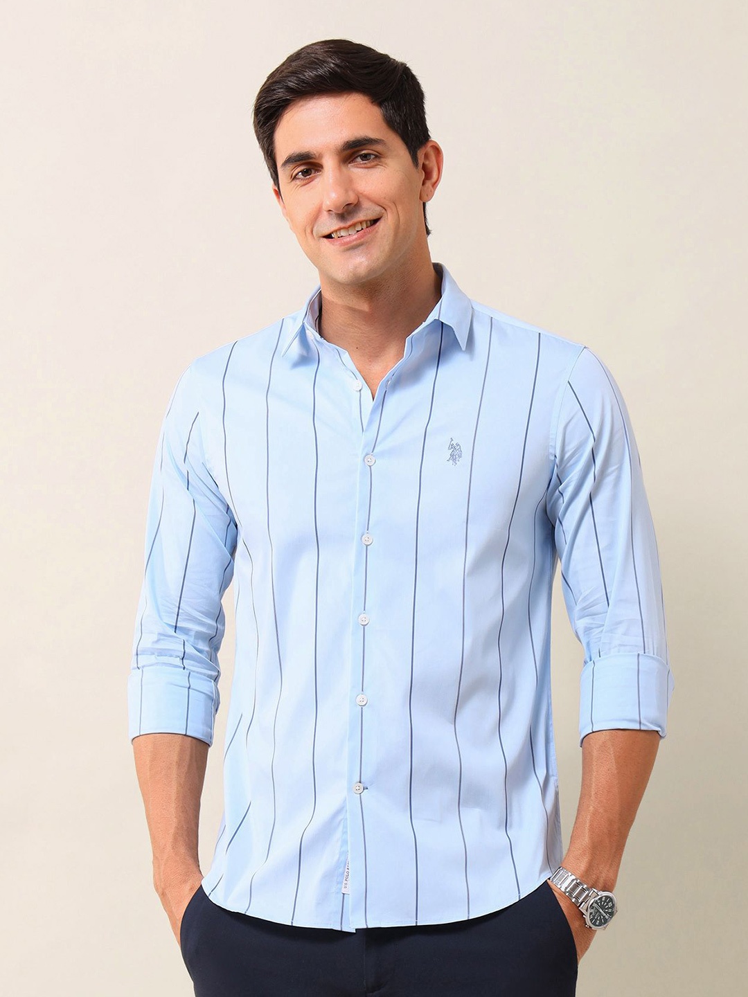 

U.S. Polo Assn. Men Tailored Fit Opaque Striped Casual Shirt, Blue
