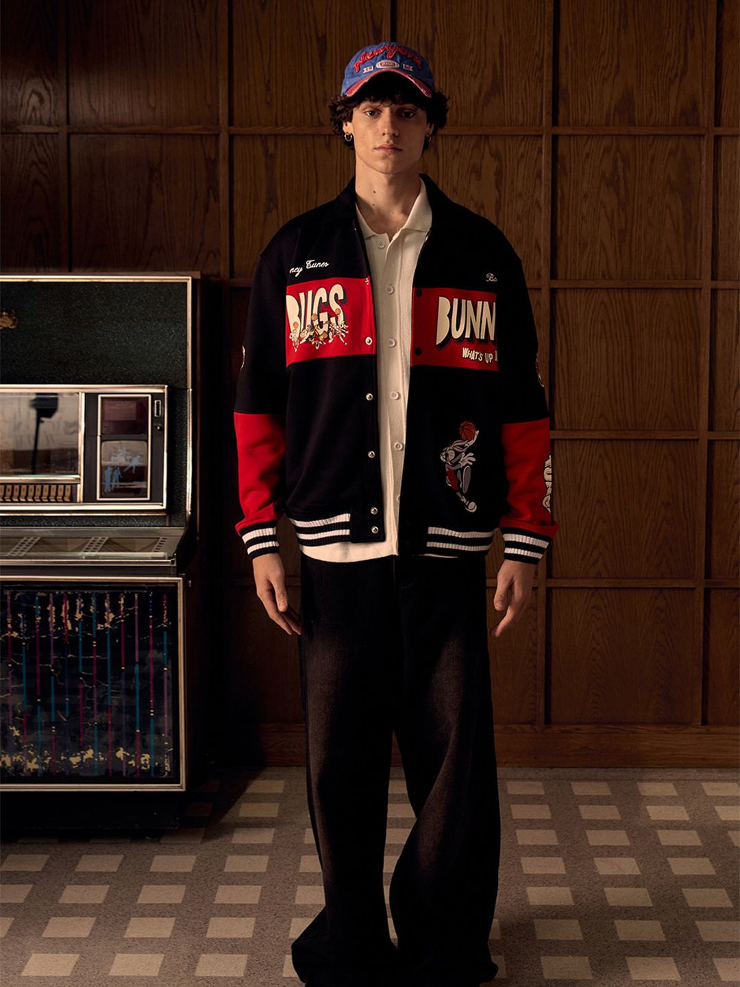 

Bonkers Corner Men Spread Collar Graphic Printed Cotton Casual Varsity Jacket, Black