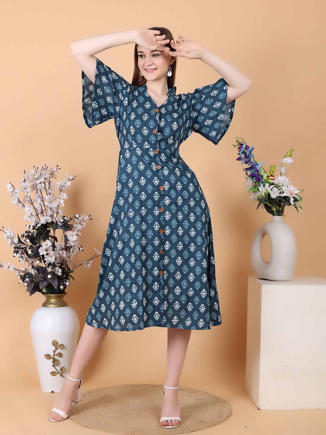 

Jivitha Colourblocked Bell Sleeve A-Line Midi Dress, Blue