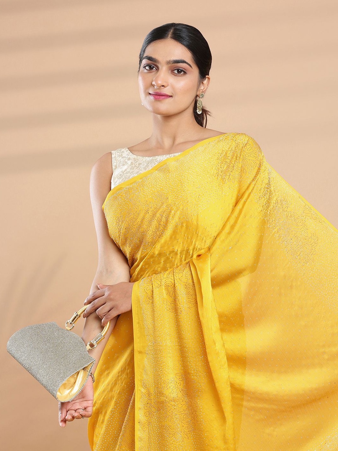 

Kalyan Silks Embellished Beads and Stones Poly Chiffon Saree, Yellow