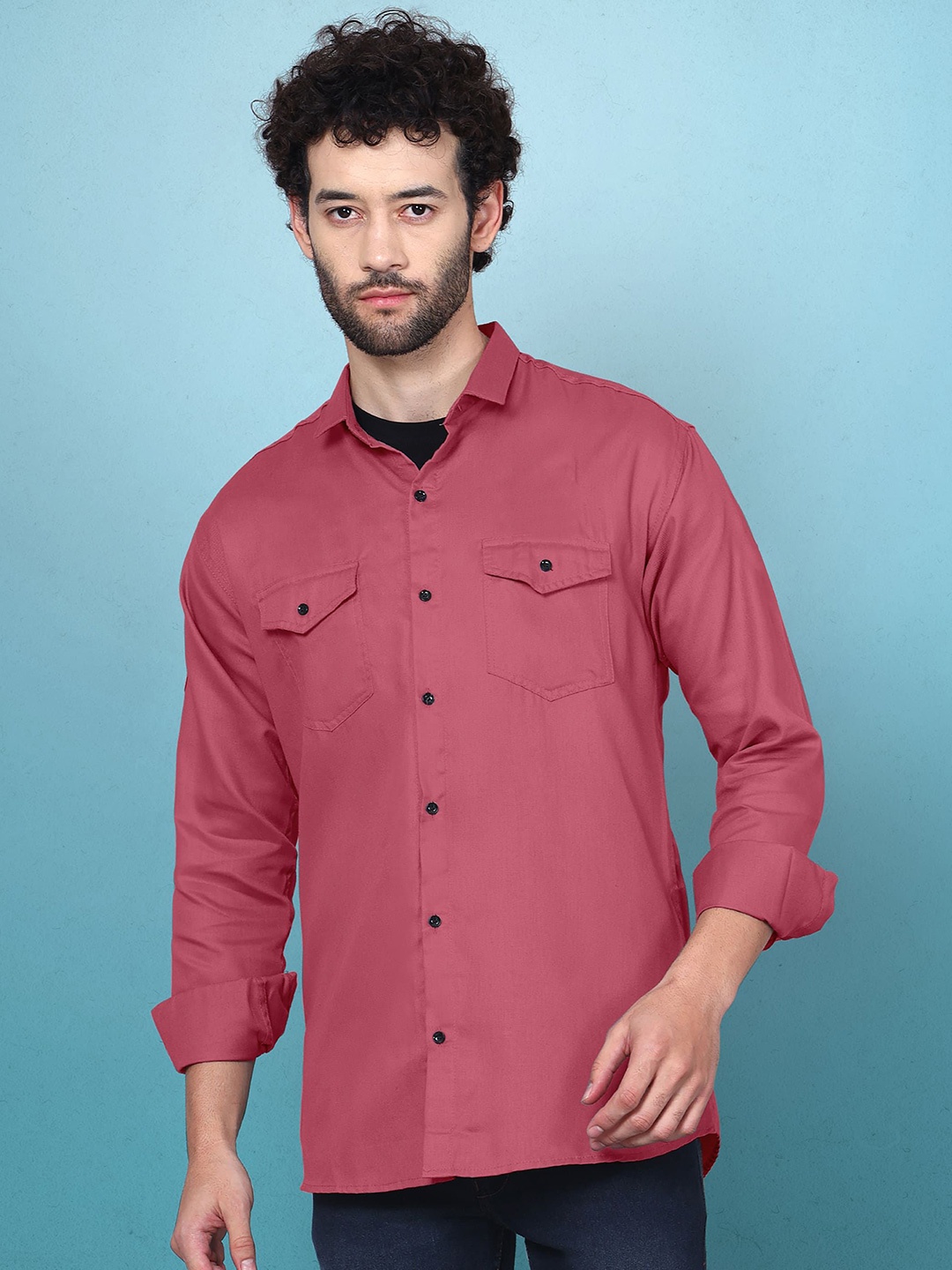 

WOXEN Men Original Fit Spread Collar Solid Cotton Casual Shirt, Pink