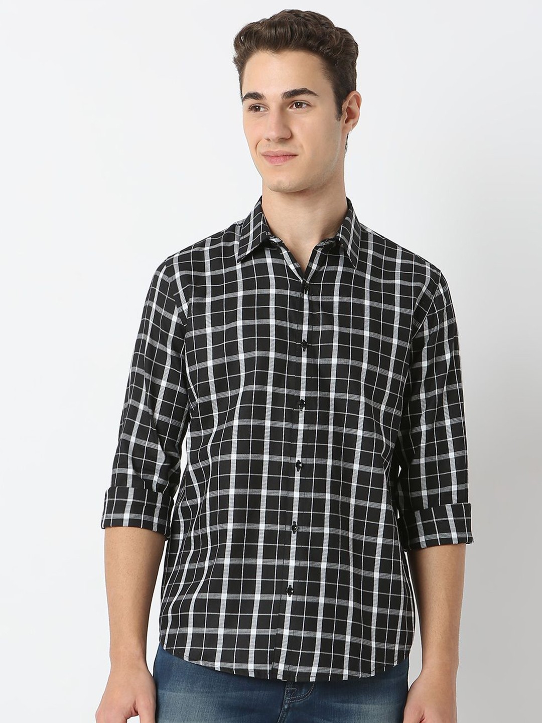 

MARK & ALBERT Men India Slim Fit Spread Collar Tartan Checked Cotton Casual Shirt, Black