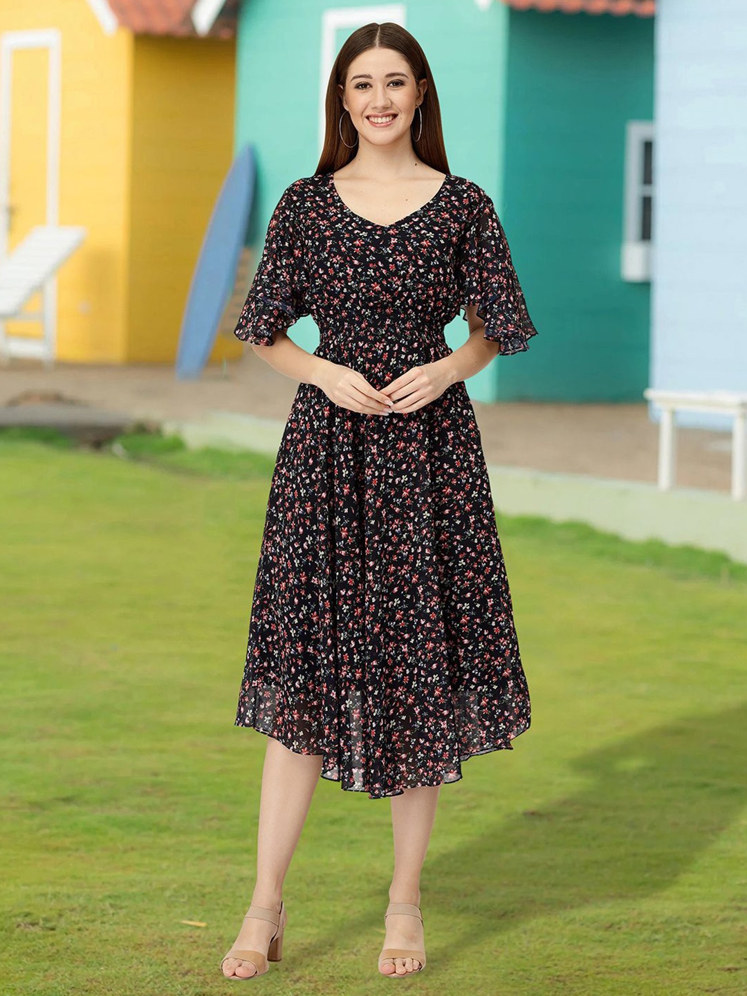 

MISS AYSE Floral Print Applique Fit & Flare Dress, Black