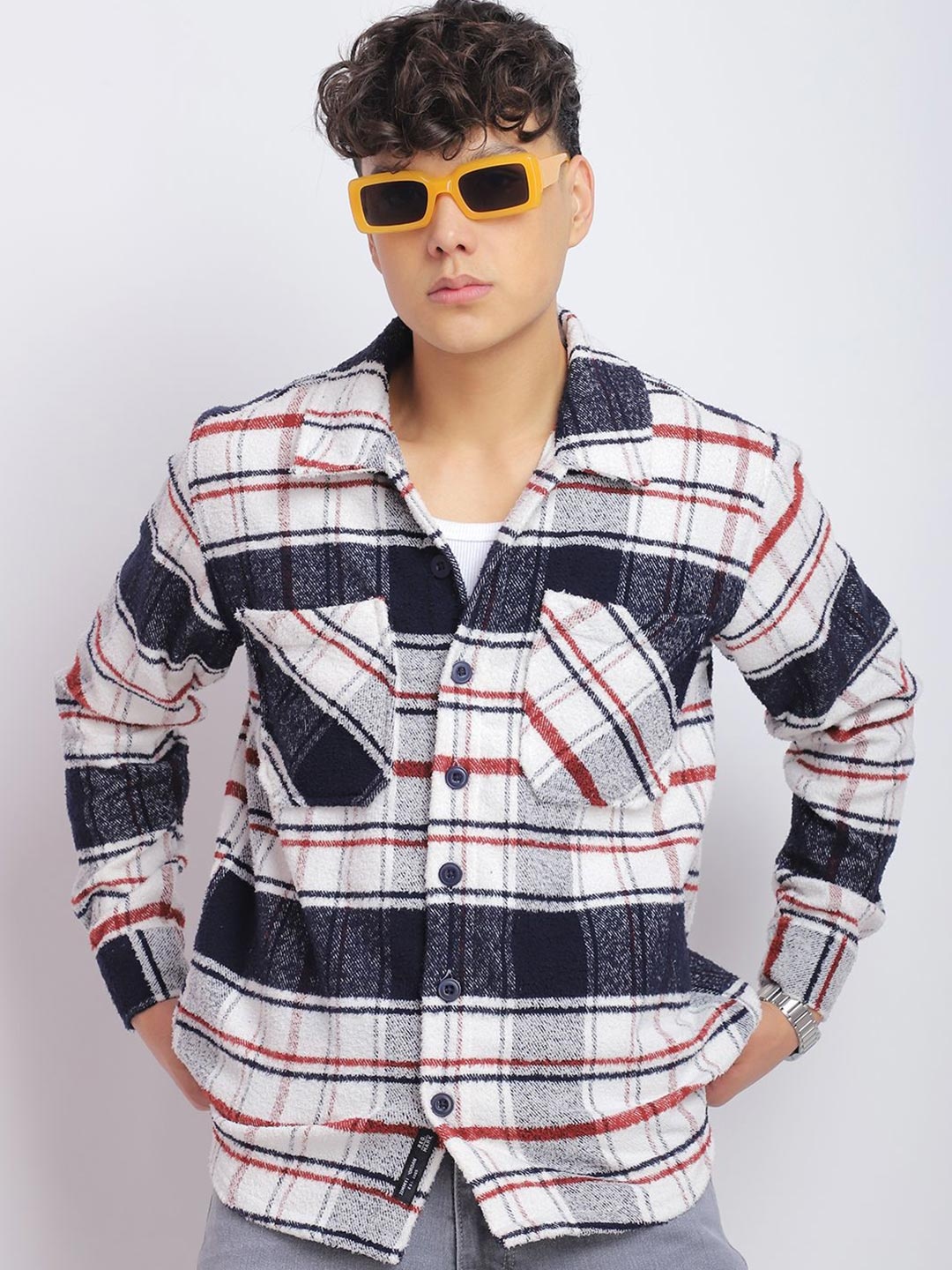 

JIMMY & JORDAN Men Standard Opaque Checked Casual Shirt, Navy blue