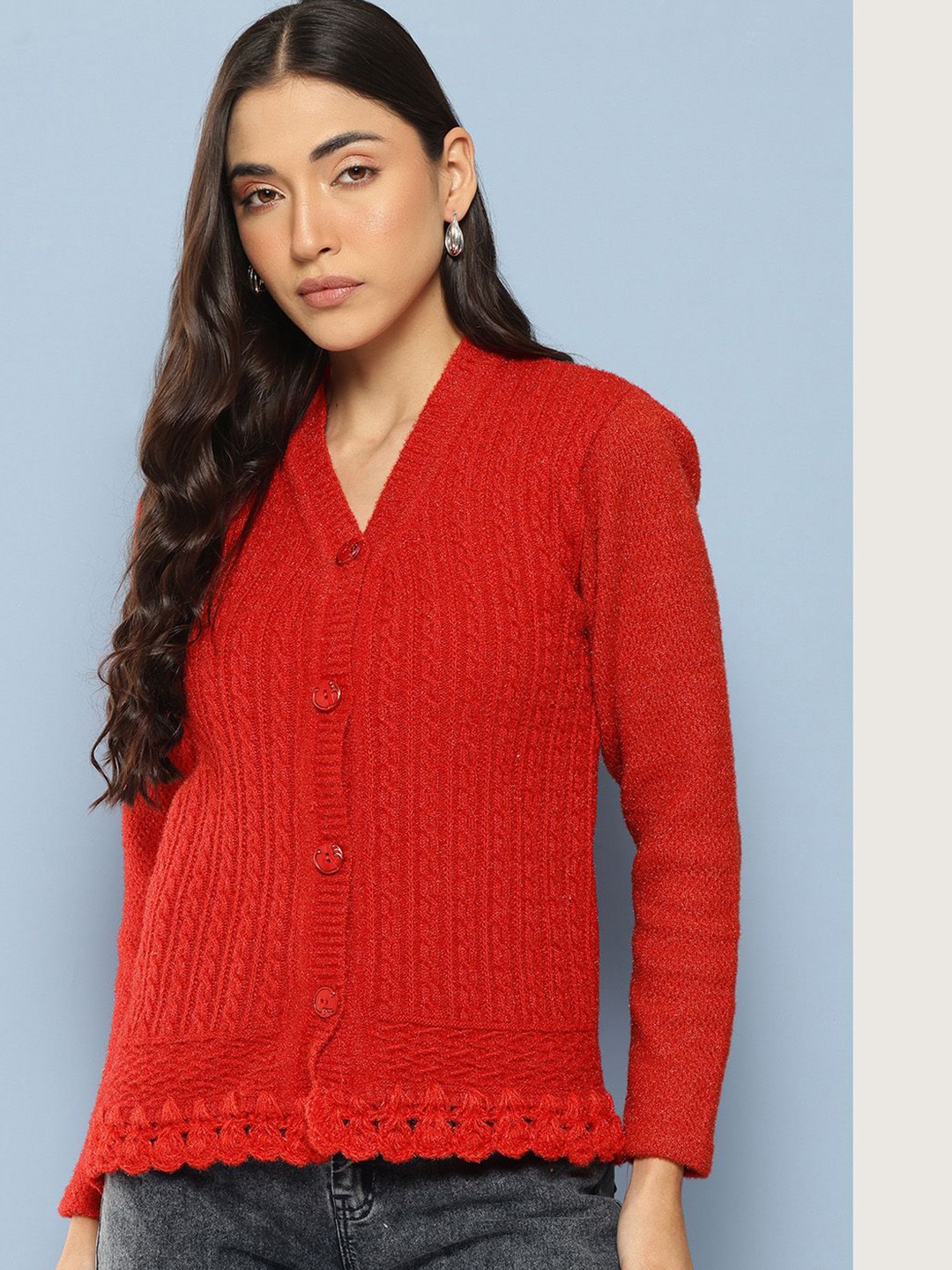 

The Roadster Lifestyle Co Self Designed Woolen Long Sleeve Cardigan, Red