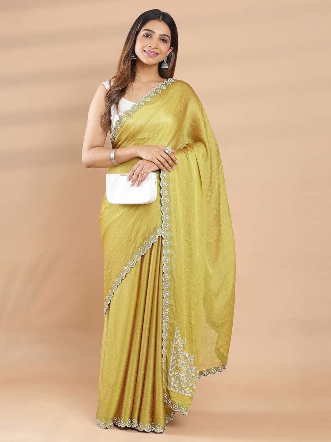 

Kalyan Silks Beads and Stones Poly Chiffon Saree, Green