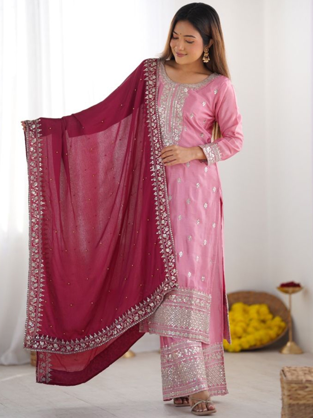 

SHREE KHODAL FASHION Women Embroidered Kurta With Palazzos & Dupatta, Pink