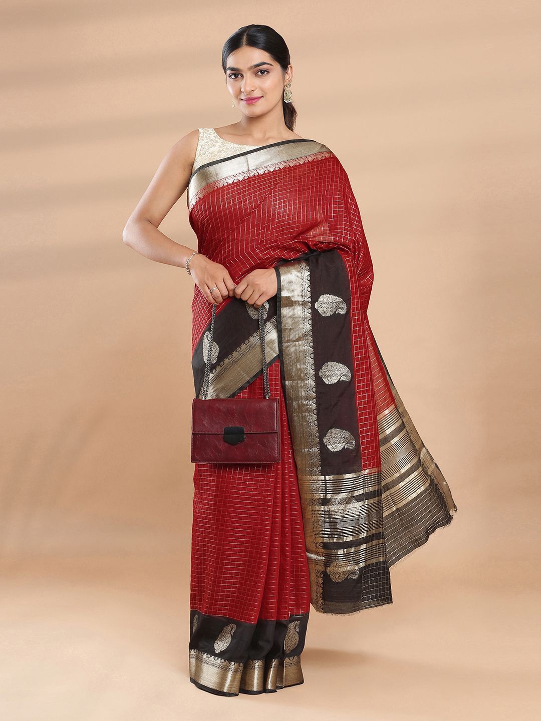 

Kalyan Silks Checked Zari Saree, Red