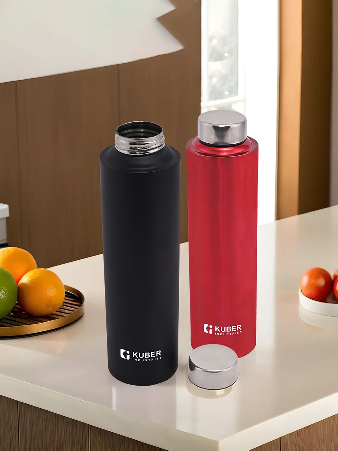 

Kuber Industries Black & Red 2 Pieces Stainless Steel Leakproof Water Bottle 1L