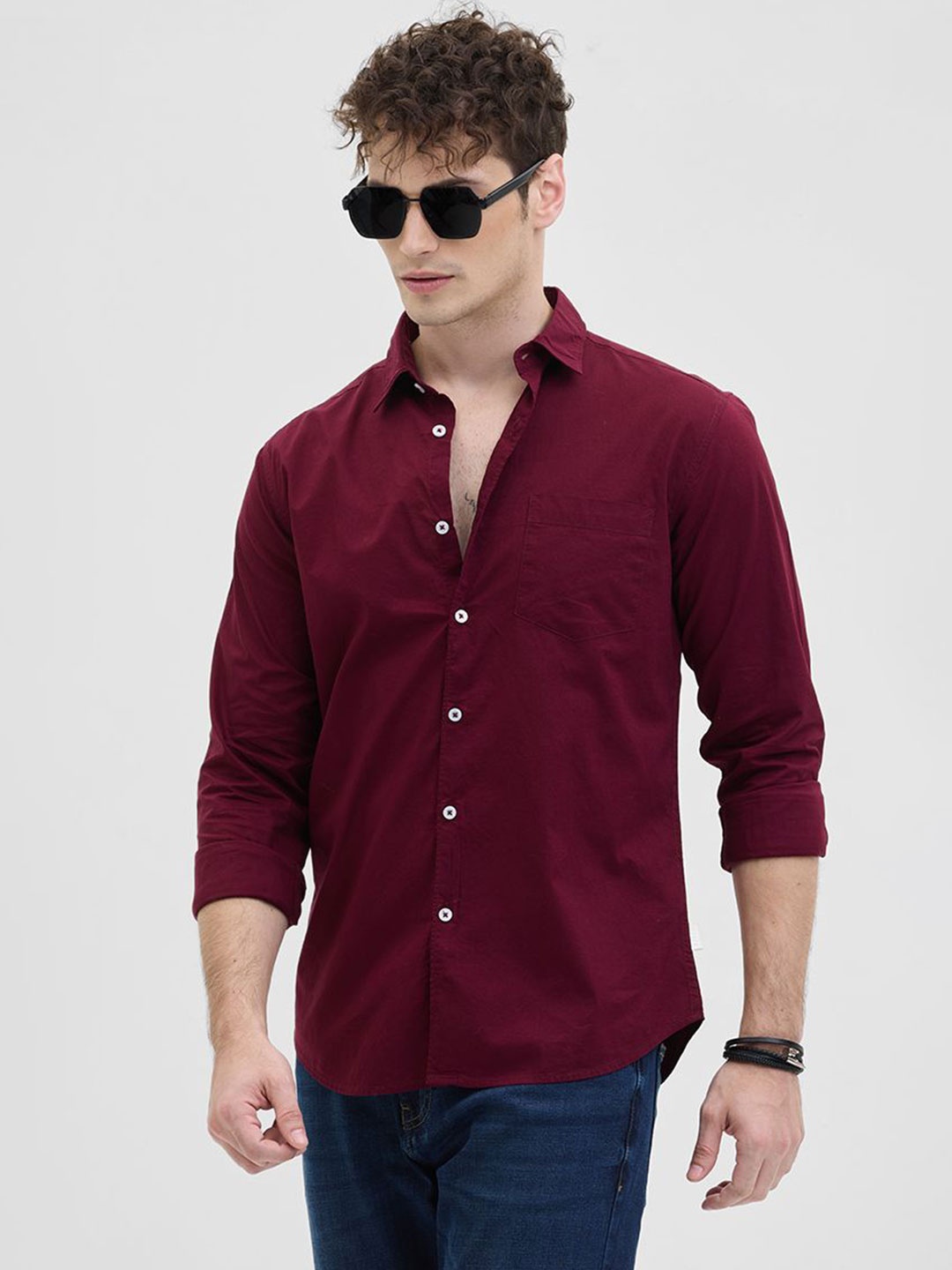 

Snitch Men Spread Collar Solid Cotton Casual Shirt, Maroon