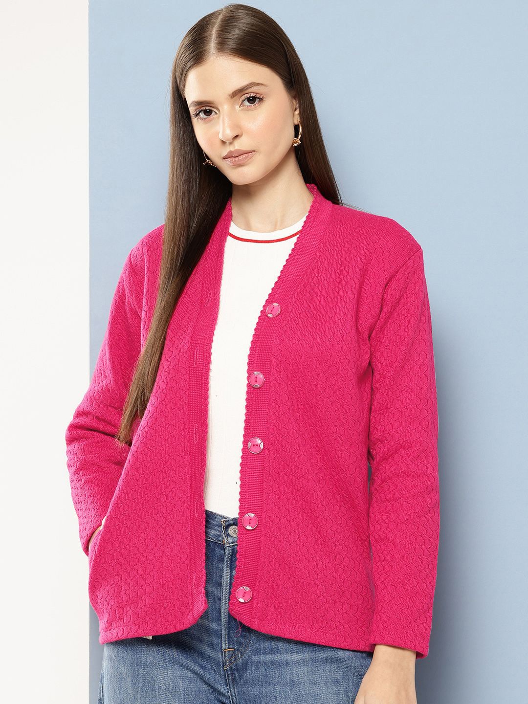 

BAESD Women Self Design Woollen Cardigan, Pink