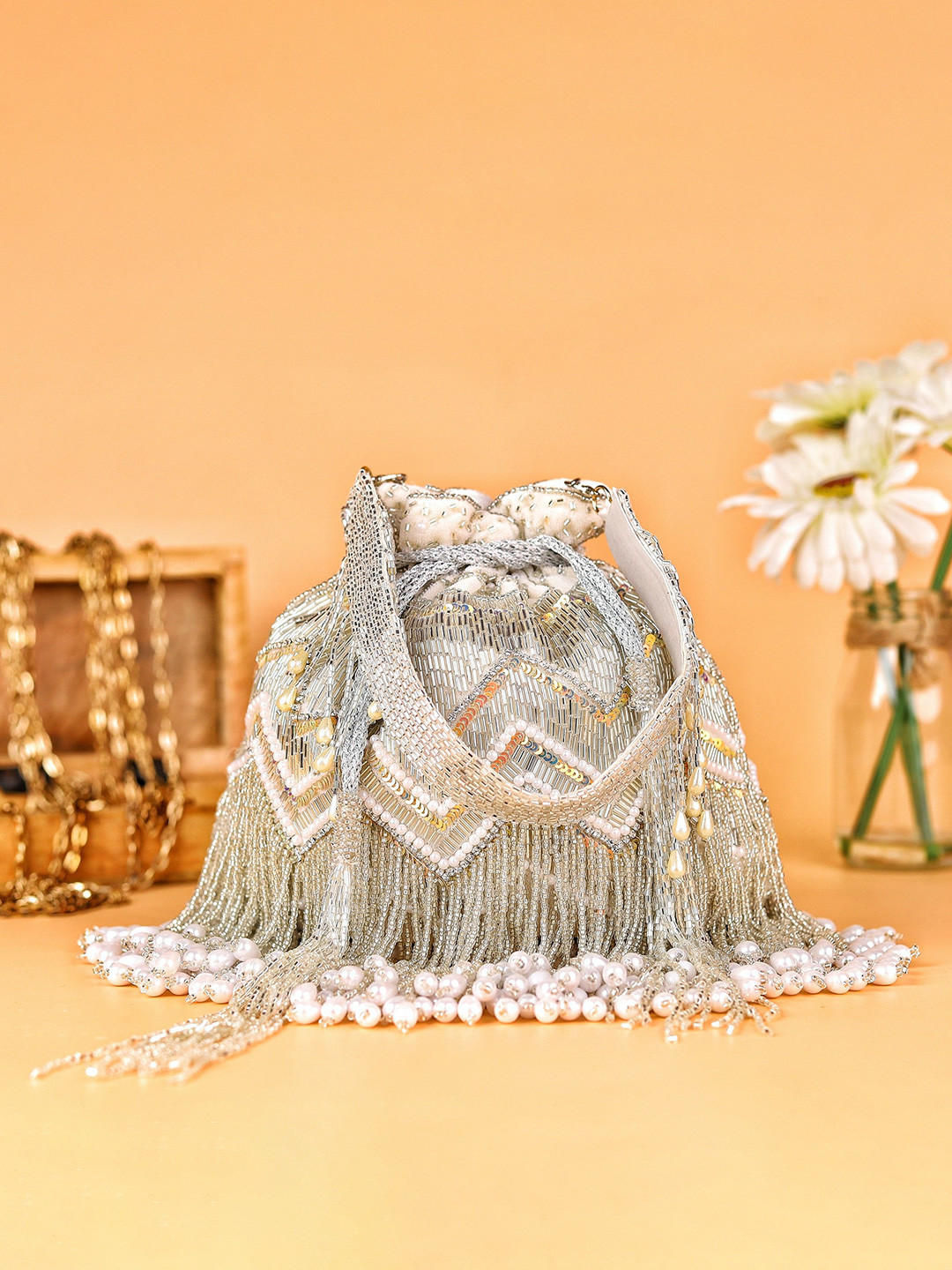 

sugarcrush Embellished Potli Clutch, White
