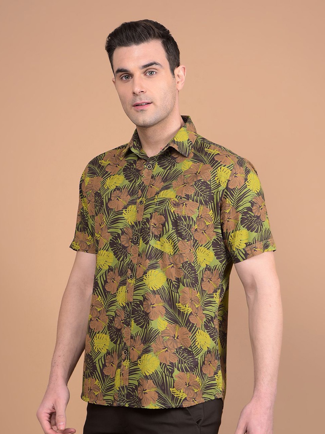 

Crimsoune Club Men Classic Slim Fit Spread Collar Floral Printed Cotton Casual Shirt, Green