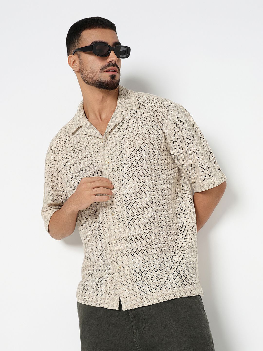 

R&B Men Relaxed Fit Cuban Collar Solid Casual Shirt, Beige