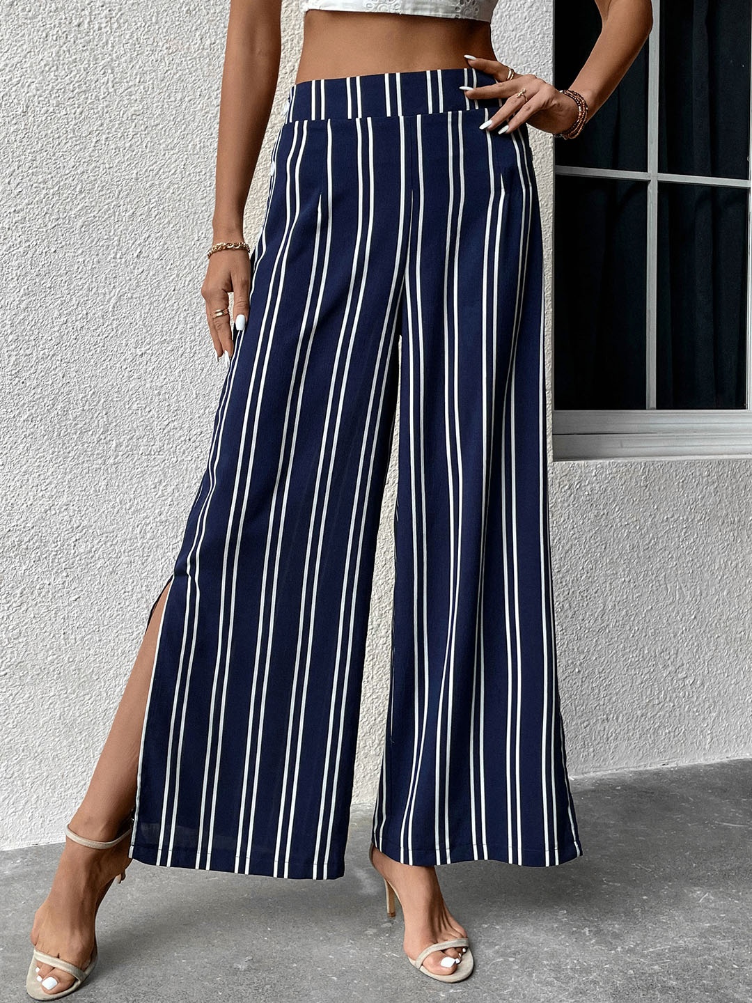 

DressBerry Women Striped Flared High-Rise Trousers, Navy blue