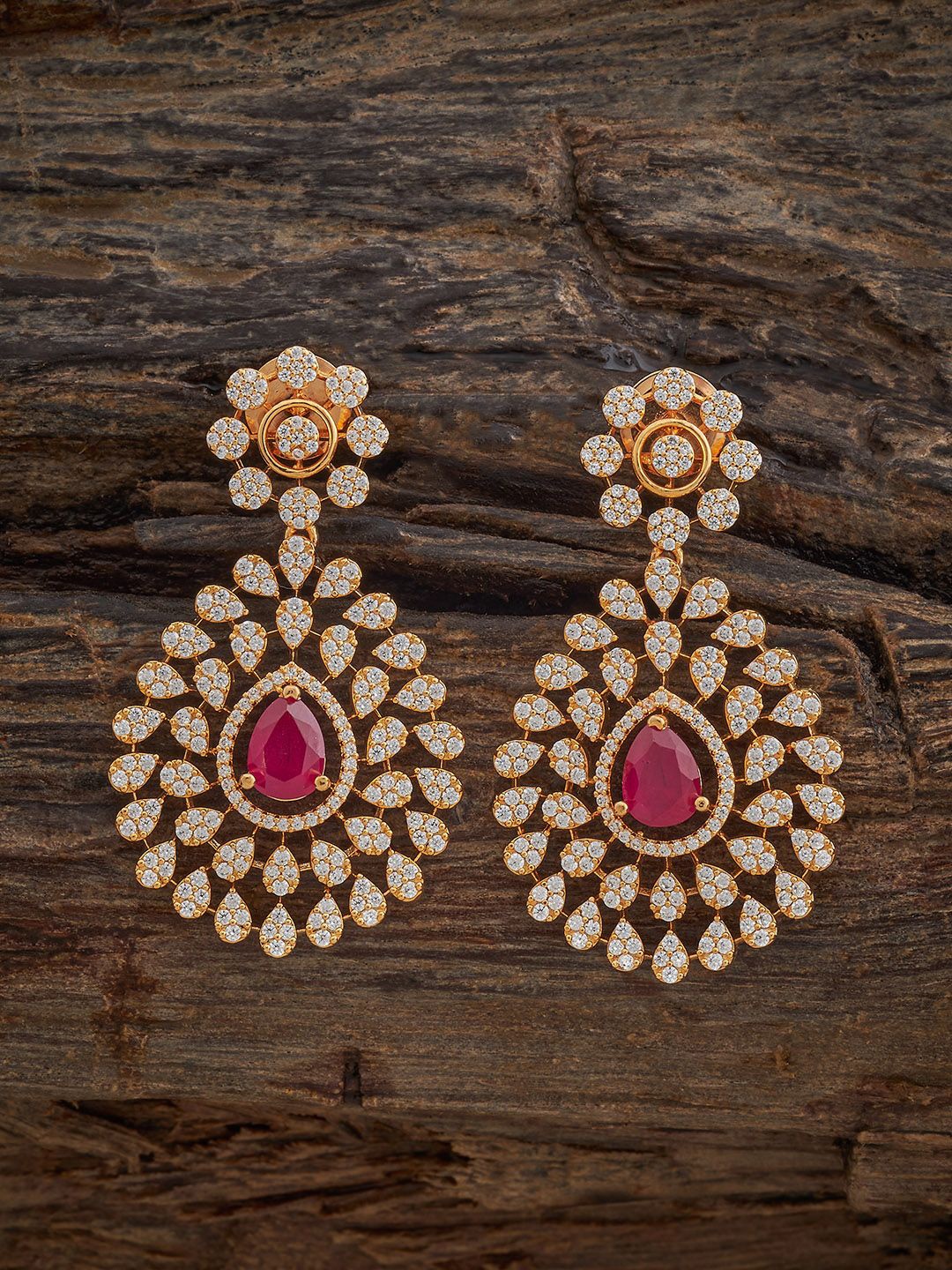 

Kushal's Fashion Jewellery Gold Plated Zircon Studded Oval Shaped Drop Earrings