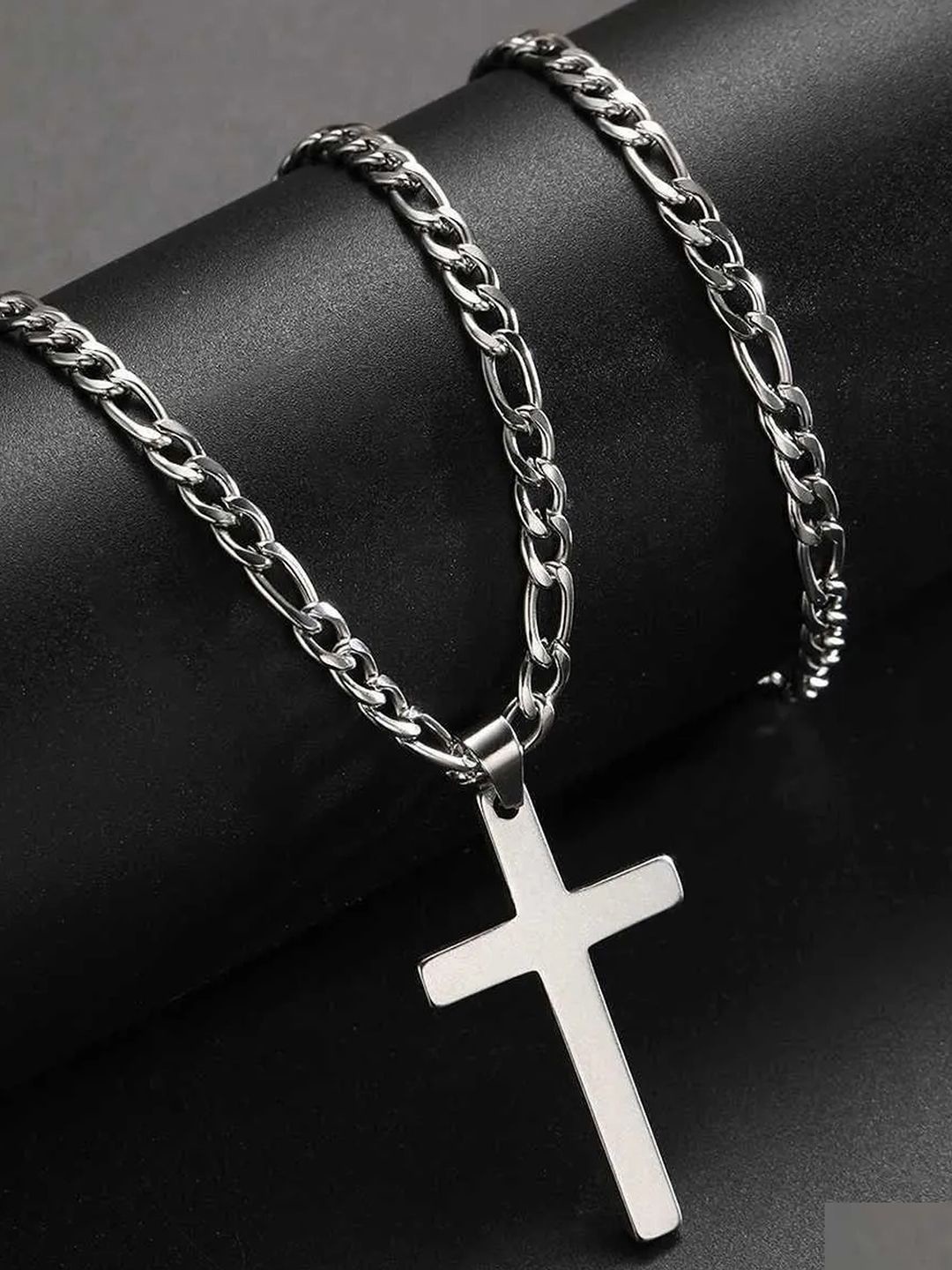 

Peora Men Silver-Plated Stainless Steel Geometric Cross & Figaro Pendant With Chain