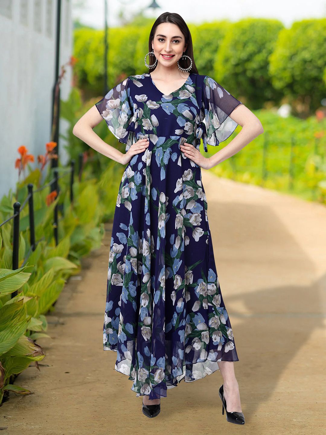 

MISS AYSE Floral Print Applique Fit & Flare Dress, Navy blue