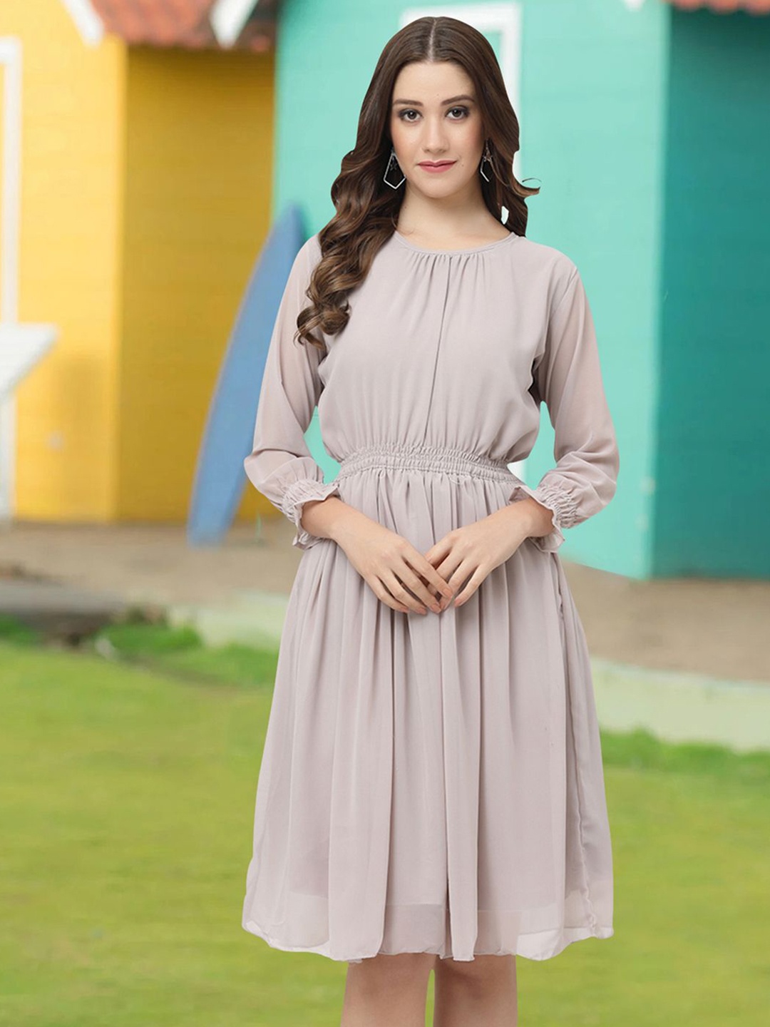 

MISS AYSE Applique Fit & Flare Dress, Grey