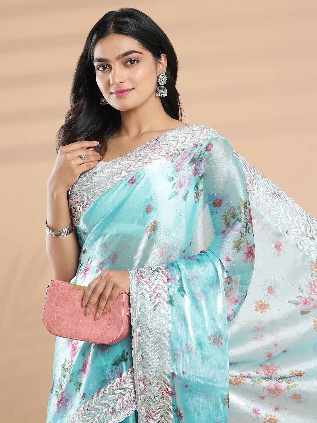 

Kalyan Silks Floral Beads and Stones Organza Saree, Blue
