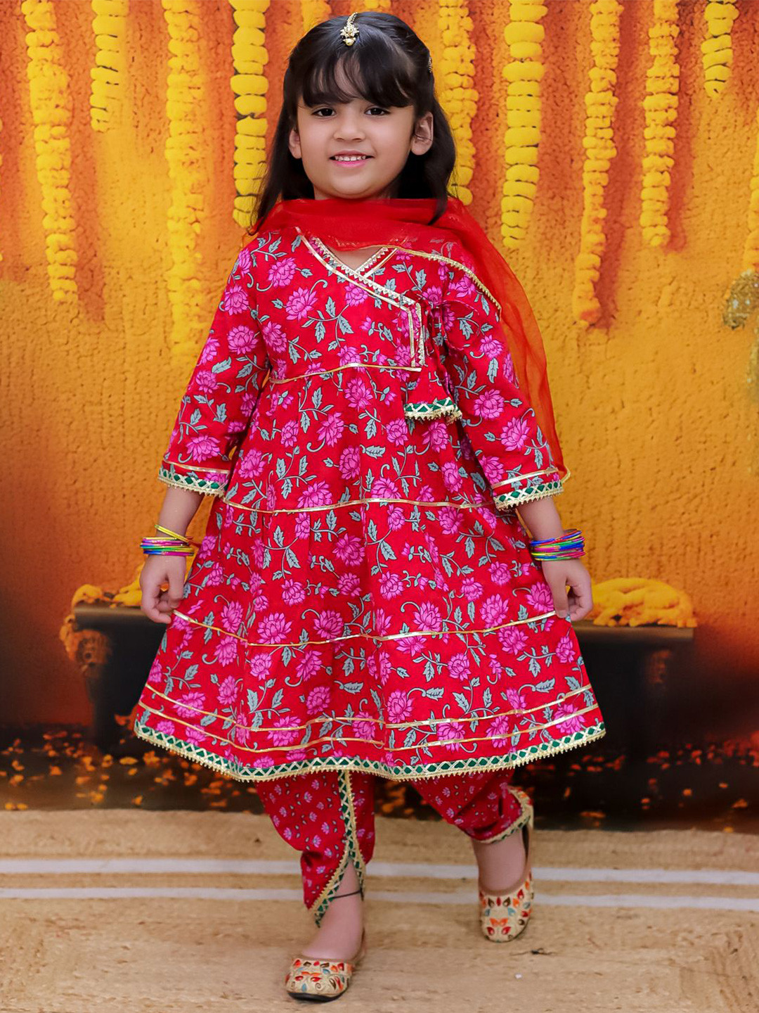 

BownBee Girls Floral Printed Angrakha Anarkali Pure Cotton Kurta With Dhoti Pant & Dupatta, Red