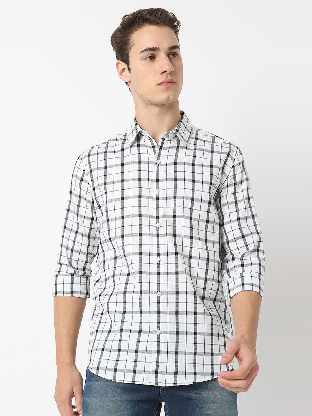

MARK & ALBERT Men India Slim Fit Spread Collar Checked Cotton Casual Shirt, White