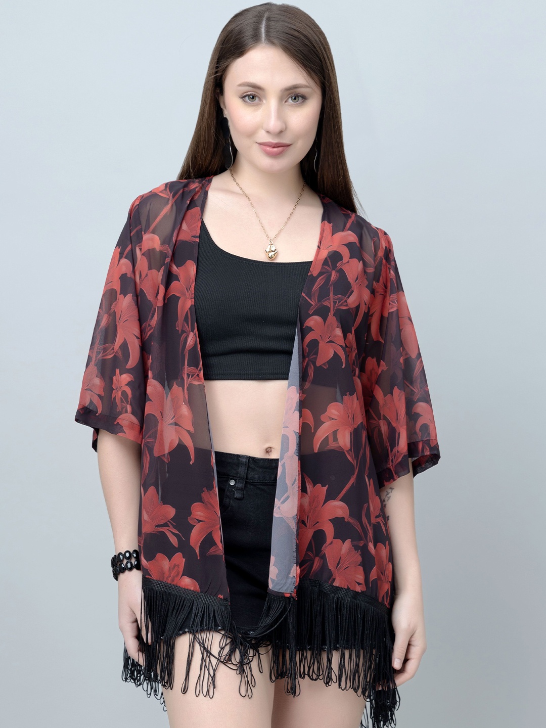 

PURYS Women Floral Printed Tasselled Longline Shrug, Black